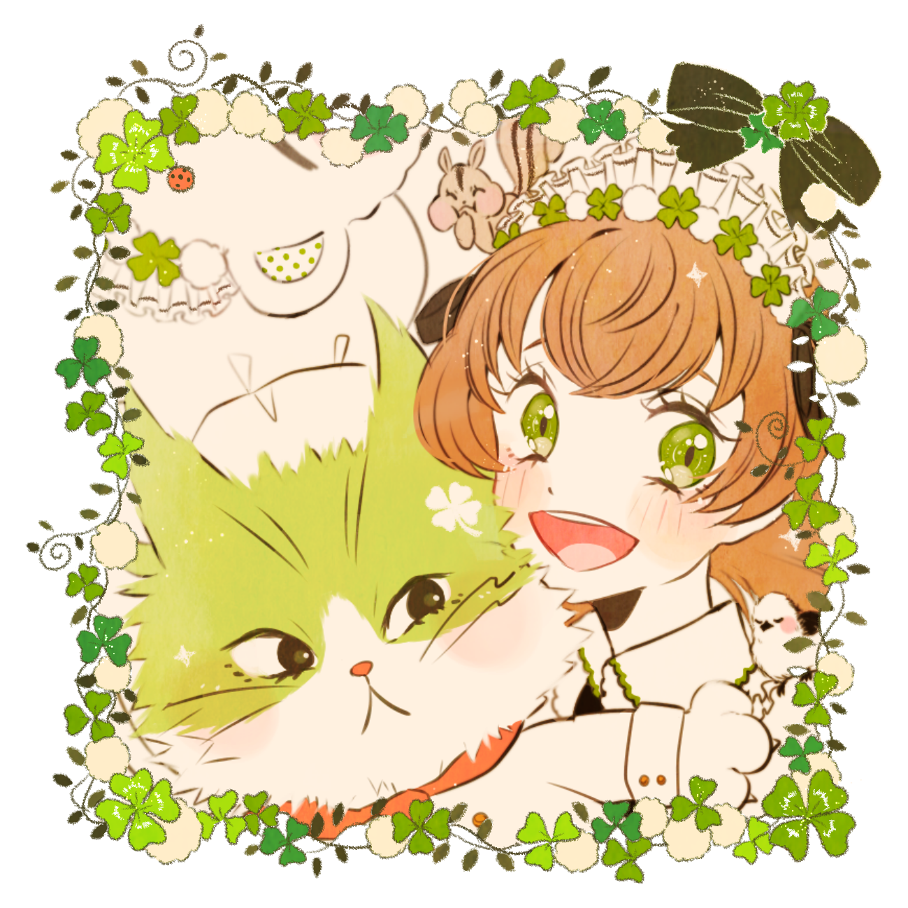 ryokuno green, original, commentary, highres, 1girl, :d, animal, black ribbon, blush, brown hair, cat, clothed animal, clover, collared shirt, eyelashes, four-leaf clover, green eyes, hair ribbon, looking at viewer, maid headdress, open mouth, ribbon, shirt, smile, sparkle, teeth, upper teeth only, white background