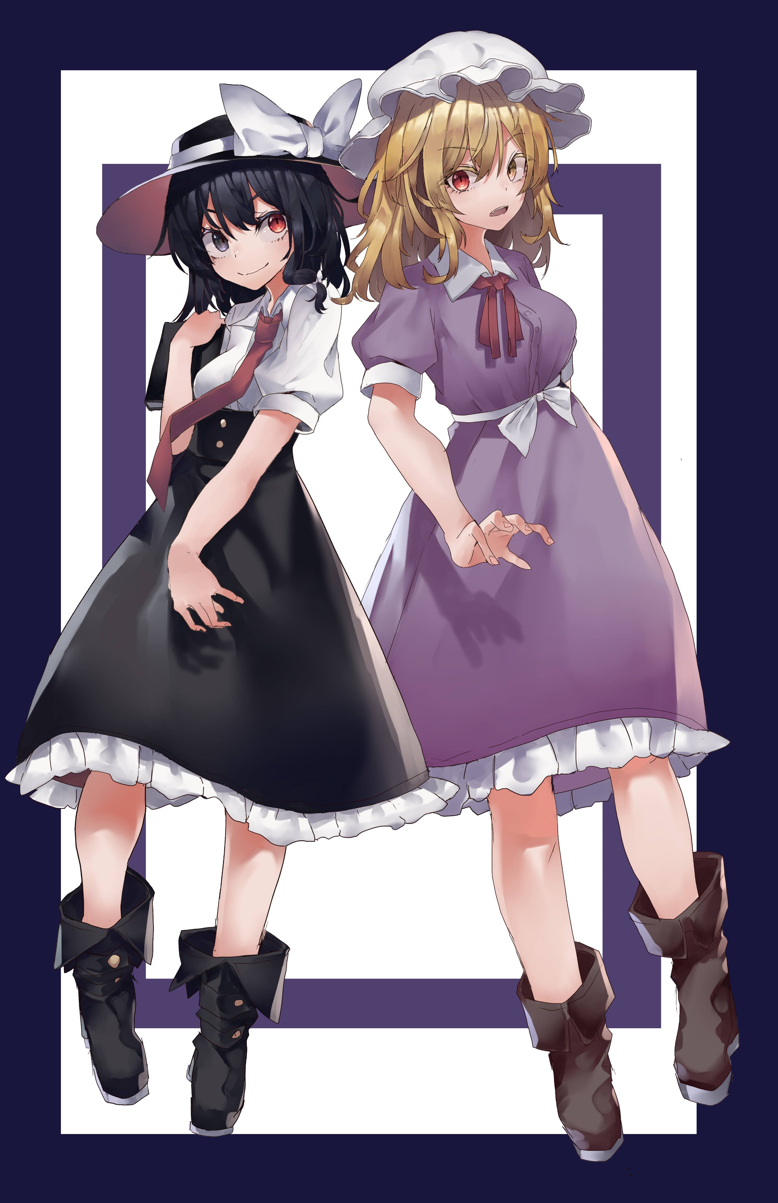 muraryo, maribel hearn, usami renko, touhou, absurdres, highres, 2girls, alternate eye color, black boots, black eyes, black hat, black skirt, blonde hair, book, boots, bow, brown boots, buttons, collar, dress, frills, hair bow, hat, hat bow, height difference, heterochromia, holding, holding book, long dress, looking at viewer, mob cap, multiple girls, necktie, open mouth, puffy sleeves, purple dress, red bow, red eyes, sash, shirt, skirt, sleeve cuffs, smile, three-toned background, white bow, white collar, white hat, white sash, white shirt, yellow eyes