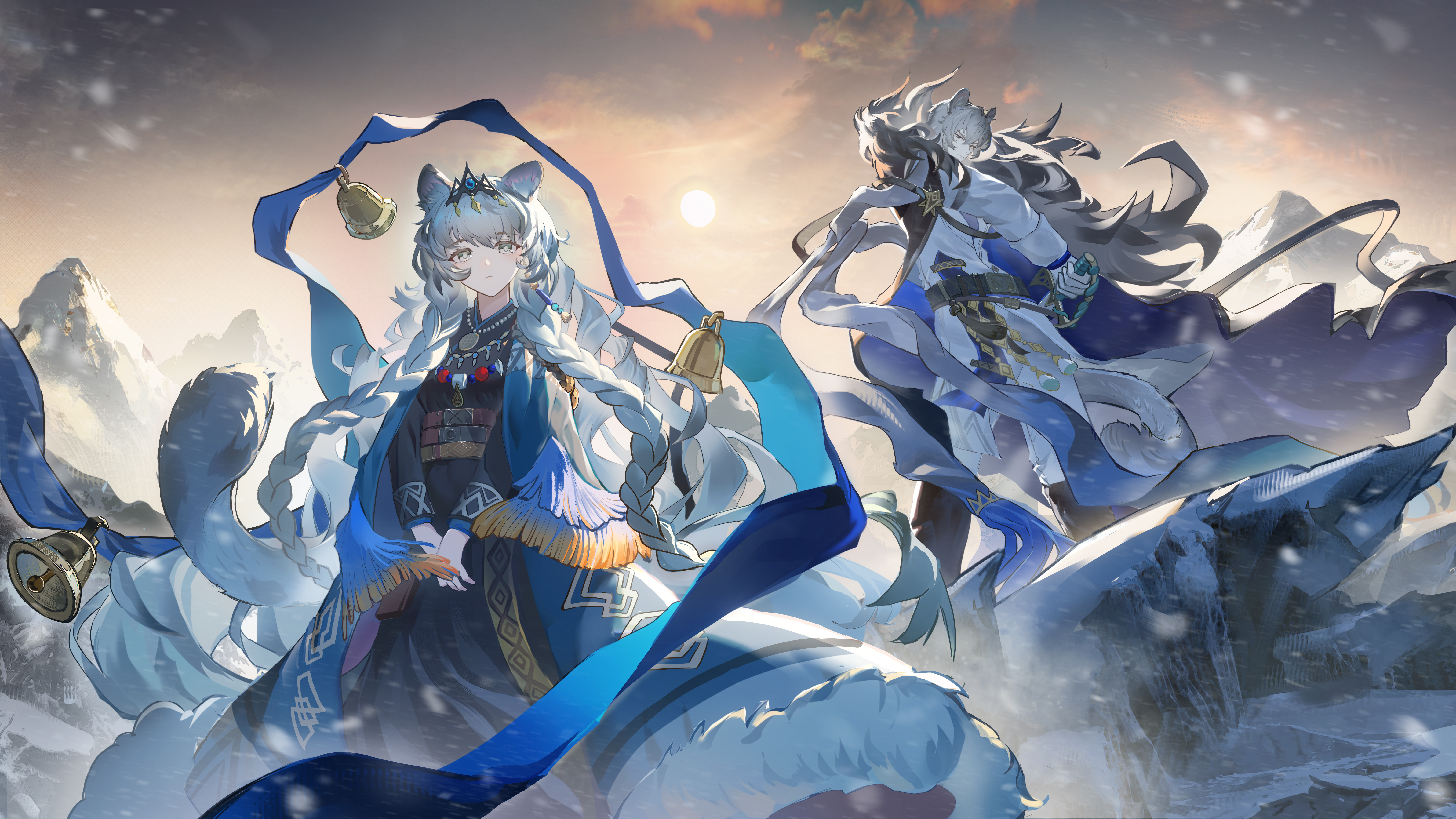 flying burrito cat, pramanix (arknights), silverash (arknights), arknights, absurdres, chinese commentary, commentary request, highres, 1boy, 1girl, animal, animal around neck, animal ear fluff, bell, black dress, black pants, blue sash, blue shawl, braid, braided sidelocks, brother and sister, dress, feet out of frame, fur trim, grey eyes, grey sky, holding, holding sword, holding weapon, jacket, long hair, looking at viewer, mountainous horizon, outdoors, pants, pramanix the prerita (arknights), sash, serious, shawl, sheath, siblings, silverash the reignfrost (arknights), sky, snow leopard boy, snow leopard ears, snow leopard girl, snow leopard tail, sword, tiara, twin braids, unsheathing, very long hair, weapon, white hair, white jacket