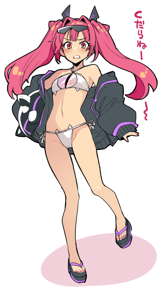 tsukinami kousuke, mercurio, cosmic break, alternate costume, bikini, black jacket, breasts, cameltoe, eyewear on head, full body, jacket, long hair, looking at viewer, navel, open clothes, open jacket, pink eyes, pink hair, pink nails, small breasts, spike ball, string bikini, sunglasses, swimsuit, teeth, twintails