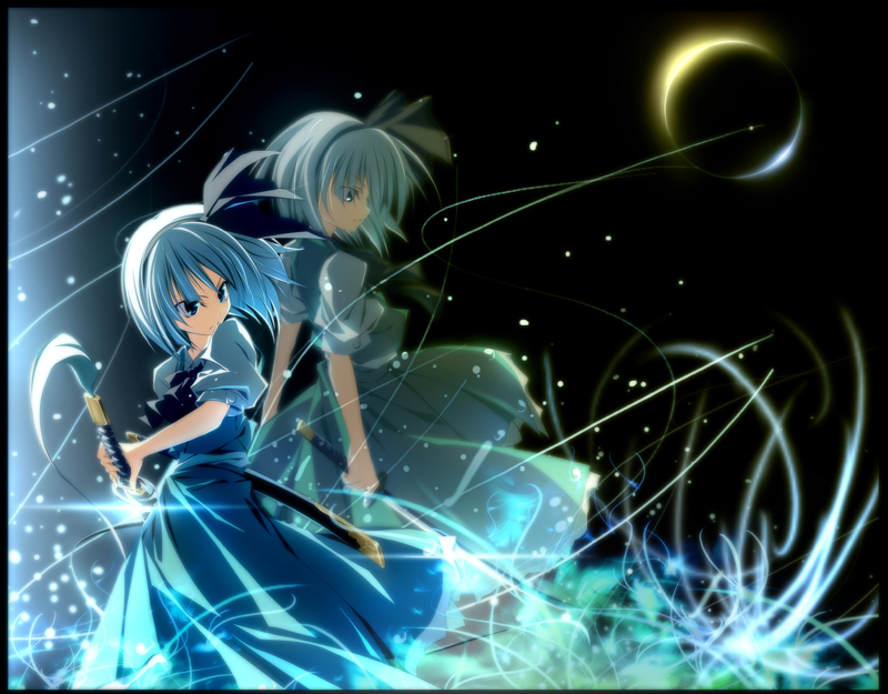 matsuyama nozomu, konpaku youmu, konpaku youmu (ghost), touhou, silver hair, bad id, bad pixiv id, 2girls, blue eyes, bob cut, crescent moon, dual persona, female focus, fighting stance, hairband, katana, moon, multiple girls, ready to draw, serious, short hair, sword, weapon