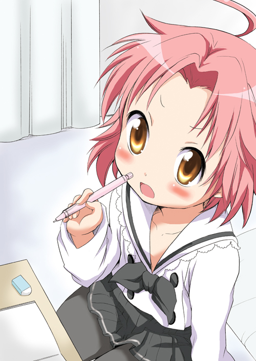 ubizo, kogami akira, lucky star, bad id, bad pixiv id, 00s, ahoge, blush, eraser, mechanical pencil, orange eyes, pantyhose, pencil, pink hair, school uniform, serafuku, short hair, solo