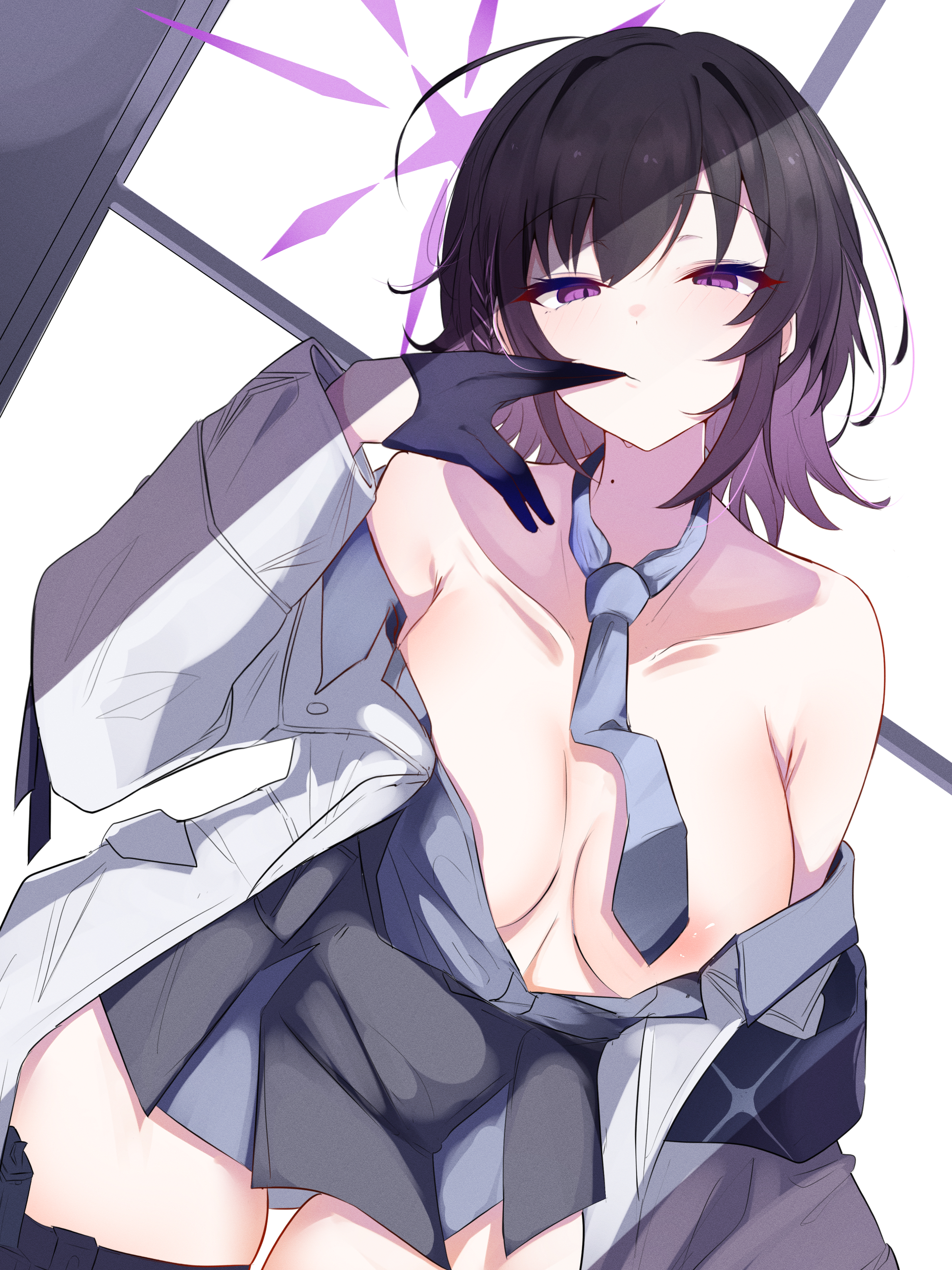 teik0p, subaru (blue archive), blue archive, absurdres, highres, 1girl, adjusting clothes, areola slip, armband, biting, biting glove, black armband, coat, collarbone, dress over shirt, glove pull, gloves, grey necktie, grey shirt, half gloves, halo, looking at viewer, mole, mole on neck, necktie, off shoulder, partially unbuttoned, purple halo, removing glove, shirt, short braid, solo, white coat