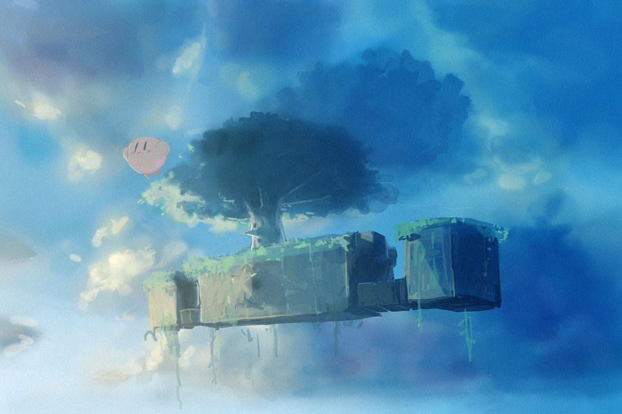uichi, kirby, whispy woods, kirby (series), nintendo, super smash bros., bad id, bad pixiv id, day, faux traditional media, island, no humans, outdoors, scenery, sky, speed painting, stage