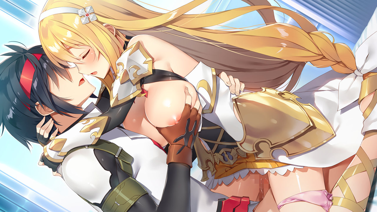 yuuki hagure, choukou (alicesoft), choukou taisen escalation heroines, bad link, game cg, 1boy, 1girl, armor, arms around neck, blonde hair, blush, breasts, breasts out, closed eyes, dutch angle, grabbing another's breast, groping, ikusabe tokisada, large breasts, long hair, mikafir, open mouth, penis, sex, straddling, upright straddle, vaginal
