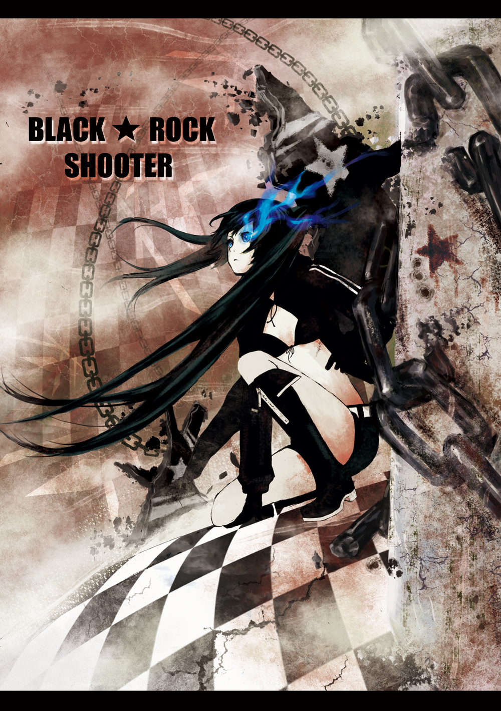 eiy, black rock shooter (character), black rock shooter, vocaloid, bad id, bad pixiv id, highres, 10s, 1girl, belt, bikini, bikini top only, black hair, blue eyes, boots, chain, coat, female focus, glowing, glowing eyes, long hair, midriff, navel, scar, shorts, solo, swimsuit, twintails