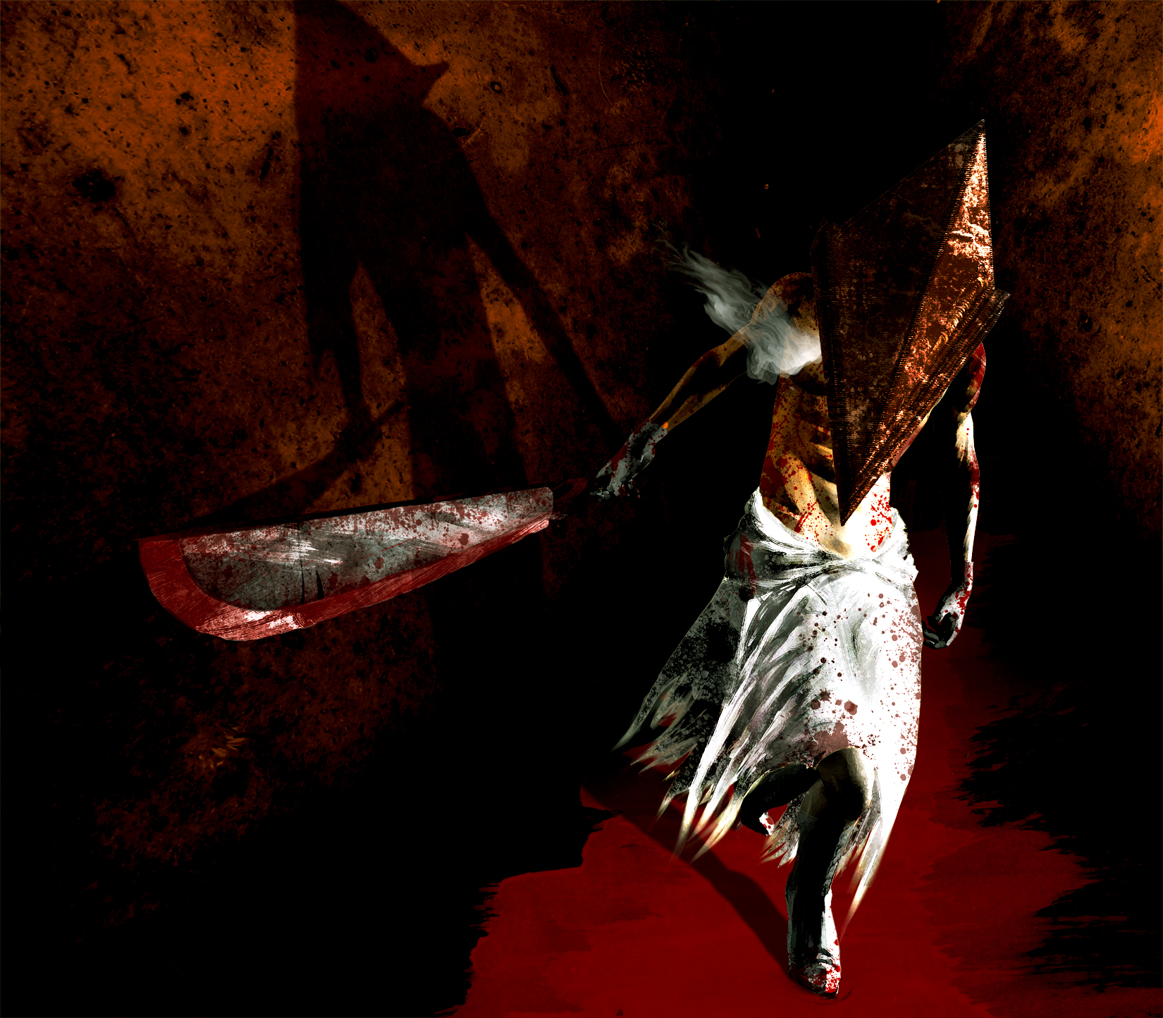 masamune(pixiv), pyramid head, silent hill, silent hill (series), silent hill 2, bad id, bad pixiv id, highres, 1boy, blood, helmet, knife, male focus, manly, muscular, solo, sword, topless male, weapon