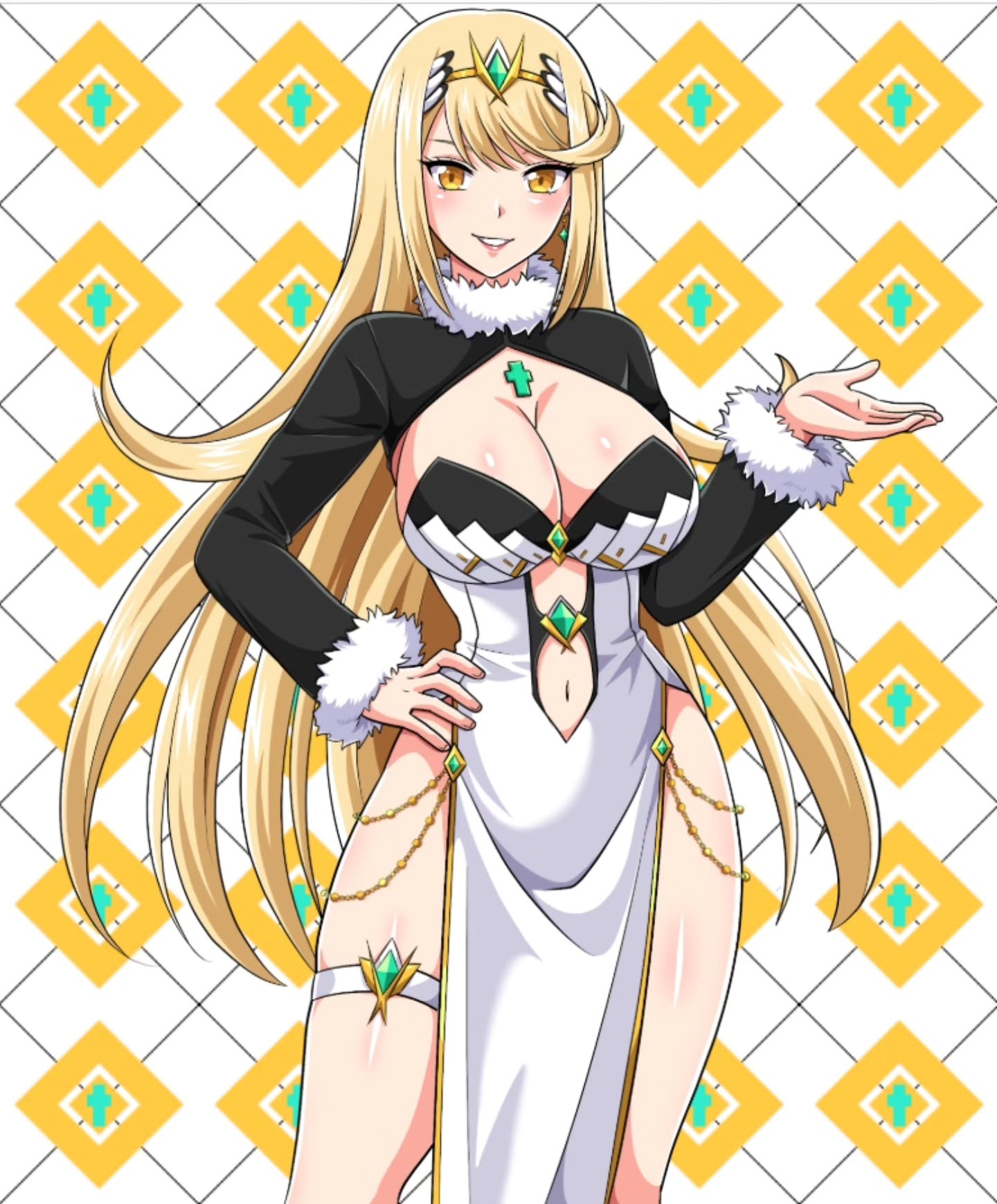 mythra (xenoblade), xenoblade chronicles (series), xenoblade chronicles 2, commentary, english commentary, highres, 1girl, black shrug, blonde hair, breasts, cleavage, clothing cutout, contrapposto, dress, earrings, fur-trimmed shrug, fur trim, hand on own hip, heyreza.art, jewelry, large breasts, navel, navel cutout, pelvic curtain, plaid background, shrug (clothing), solo, strapless, strapless dress, swept bangs, thigh strap, tiara, white dress, yellow eyes