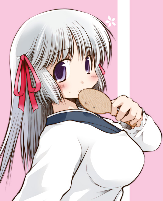 akiba nagi nin, akiba nagito, kusata harukaze, harukaze ichiban, silver hair, 1girl, blush, breasts, drumsticks, female focus, flower, hair ribbon, huge breasts, long hair, mouth hold, purple eyes, ribbon, school uniform, simple background, solo