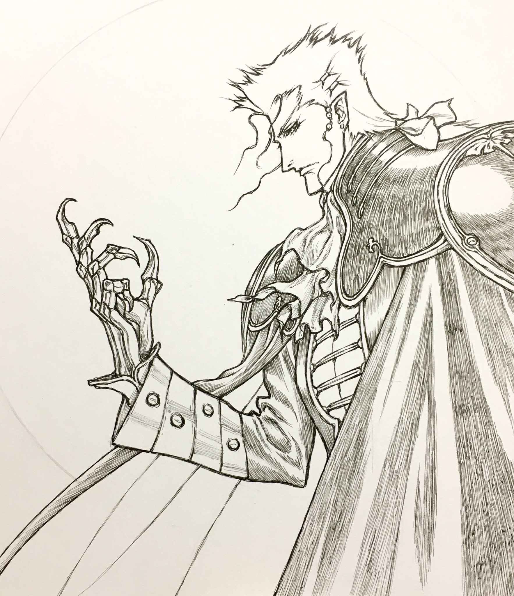 minowa yutaka, meier link, vampire hunter d, vampire hunter d: bloodlust, highres, 1boy, cape, closed mouth, fingernails, greyscale, looking at viewer, monochrome, pointy ears, sharp fingernails, simple background, solo, vampire, white background