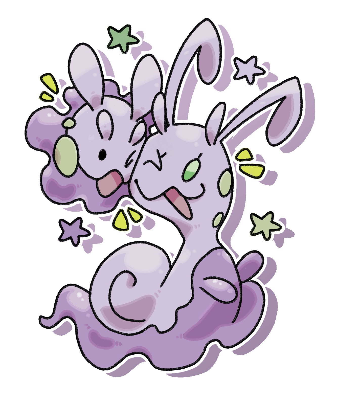 pr quote, goomy, sliggoo, nintendo, pokemon, commentary, highres, :3, black eyes, cheek-to-cheek, drop shadow, gen 6 pokemon, green eyes, heads together, no humans, notice lines, one eye closed, open mouth, pokemon (creature), pokemon focus, star (symbol), white background