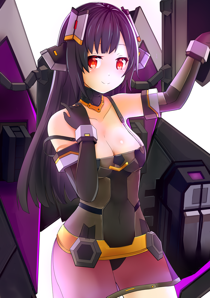 tsiruot, saya starlight, cosmic break, alternate hairstyle, bare shoulders, black hair, breasts, cleavage, detached sleeves, jetpack, long hair, looking at viewer, mecha musume, medium breasts, red eyes, revealing clothes, see-through clothes, smile