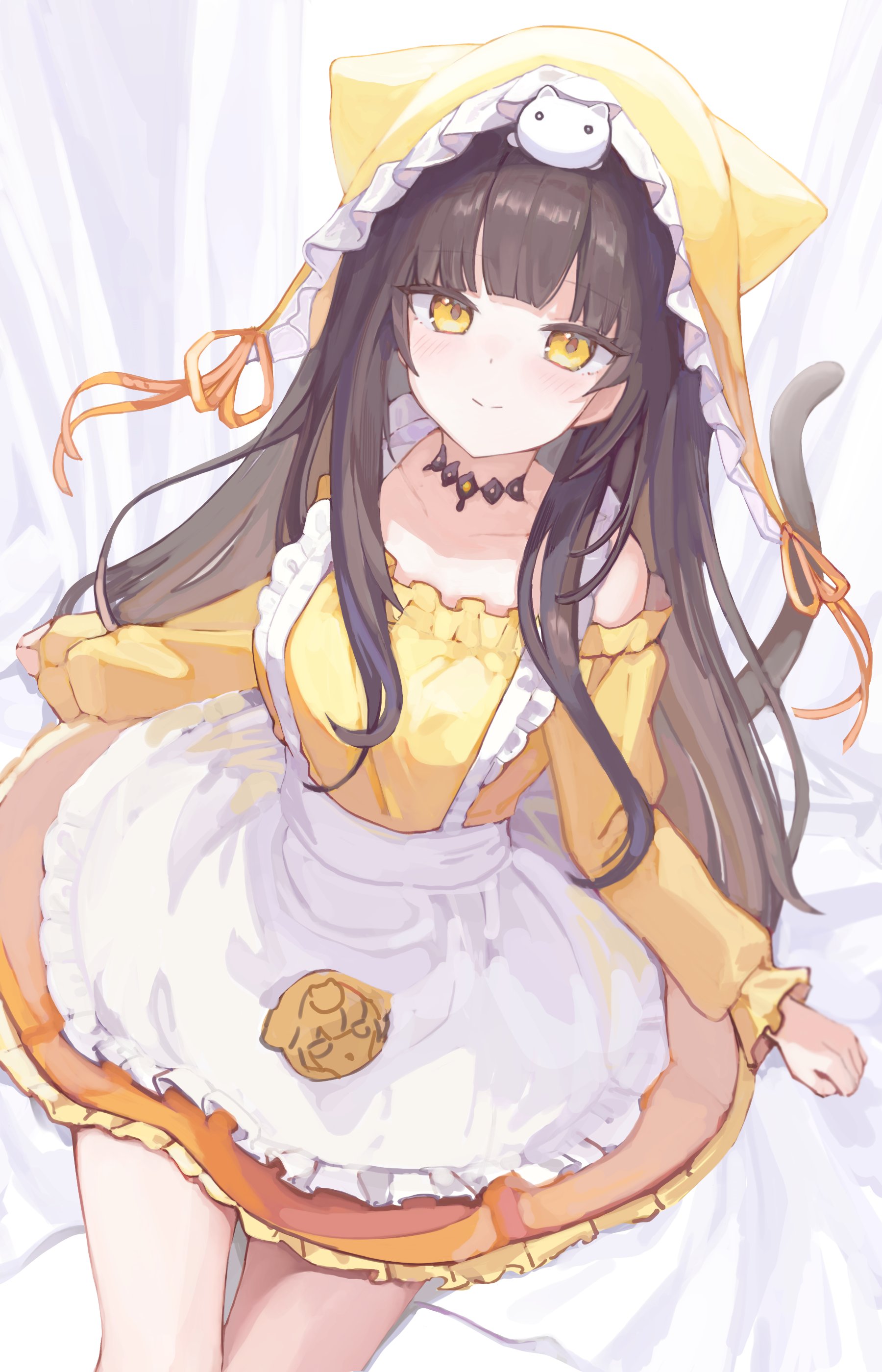 milchu, asakura karen (heaven burns red), heaven burns red, absurdres, highres, 1girl, animal ears, animal hood, apron, bare shoulders, black choker, black hair, blunt bangs, blush, breasts, brown hair, cat ears, cat hood, cat tail, choker, closed mouth, collarbone, dress, frilled apron, frills, hood, hood up, long hair, long sleeves, looking at viewer, maid apron, off-shoulder shirt, off shoulder, orange ribbon, ribbon, shirt, sitting, skirt, smile, solo, tail, very long hair, waist apron, white apron, yellow dress, yellow eyes, yellow shirt