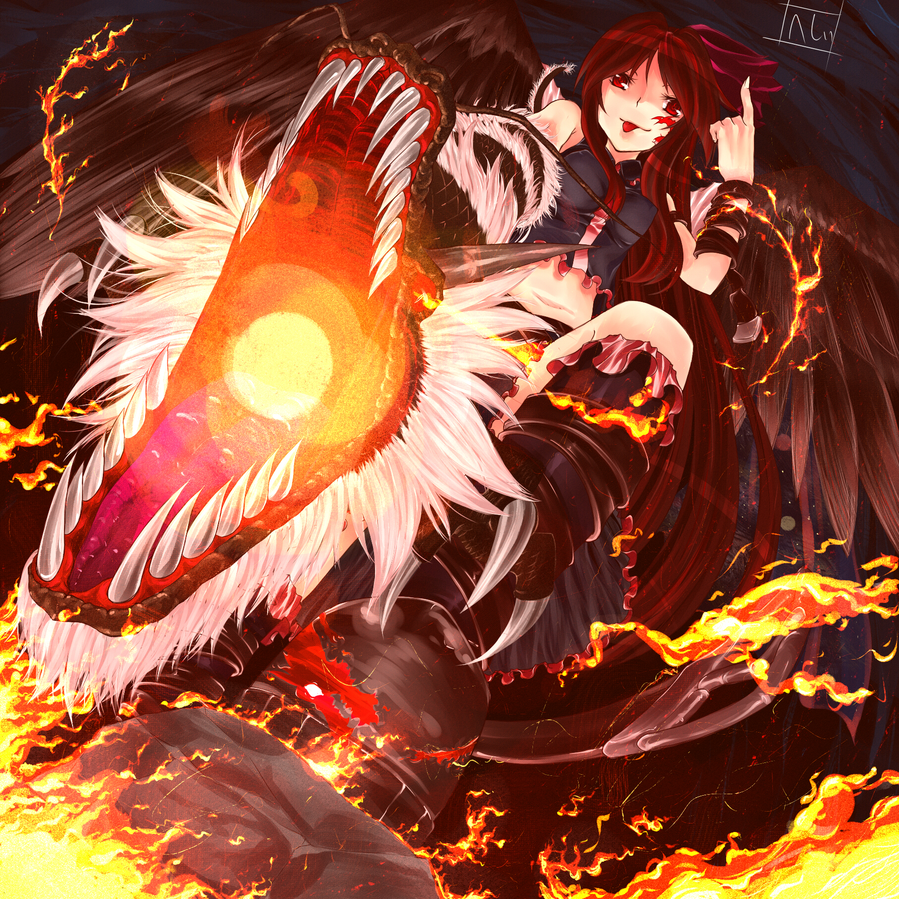 puroheshi, reiuji utsuho, touhou, bad id, bad pixiv id, highres, 1girl, alternate costume, boots, dragon, female focus, fire, long hair, midriff, red eyes, solo, tongue, wings