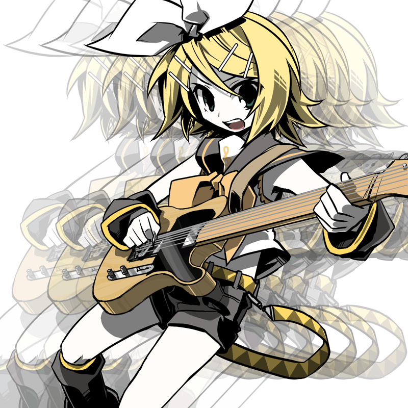 negi (ulog'be), kagamine rin, vocaloid, bad id, bad pixiv id, aqua eyes, blonde hair, guitar, hair ornament, hair ribbon, hairclip, instrument, midriff, open mouth, ribbon, sailor collar, short hair, shorts, solo, tele(guitar)