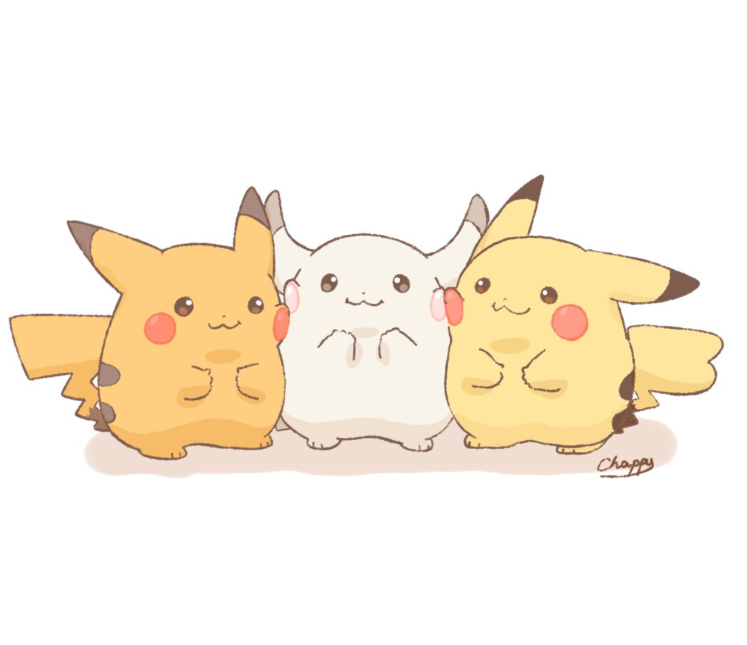 mimix, pikachu, nintendo, pokemon, pokemon pokopia, commentary request, alternate color, cheek-to-cheek, closed mouth, fat pikachu, full body, gen 1 pokemon, heads together, no humans, peakychu, pokemon (creature), pokemon focus, shiny pokemon, simple background, smile, tail, white background