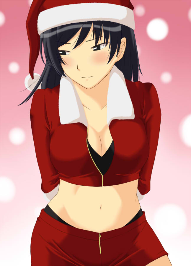 shouji nigou, tsukahara hibiki, amagami, 1girl, black eyes, black hair, blush, breasts, cleavage, female focus, hat, midriff, navel, santa costume, santa hat, solo