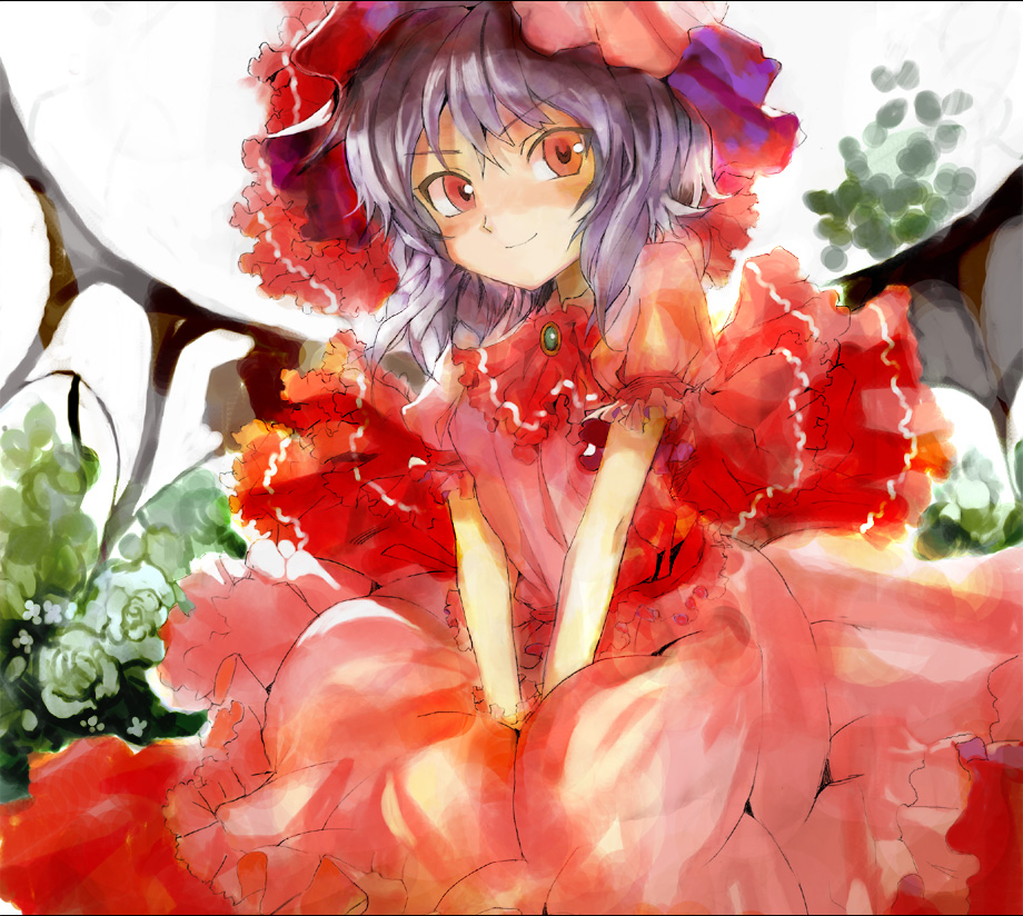 asuka shirou, remilia scarlet, touhou, silver hair, 1girl, bat wings, between thighs, blush, dress, eyelashes, faux traditional media, female focus, flower, frilled dress, frills, hat, purple hair, red eyes, rose, smile, solo, solo focus, speed painting, thighs, v arms, wings