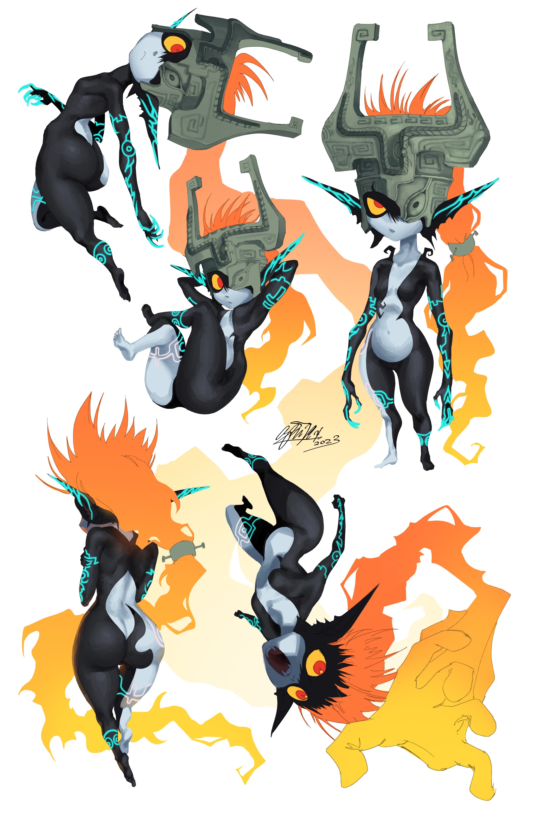 ang3lteeth, midna, nintendo, the legend of zelda, the legend of zelda: twilight princess, absurdres, commentary, english commentary, highres, 1girl, 2023, arched back, arm tattoo, arms at sides, artist name, ass, barefoot, black skin, blue skin, closed mouth, colored sclera, colored skin, covered eyes, crossed arms, dated, fang, fang out, fangs, female focus, floating, helmet, helmet over eyes, huge ass, leaning back, leg tattoo, legs up, long hair, multicolored skin, multiple expressions, multiple views, navel, nude, open mouth, orange hair, ponytail, red eyes, sharp teeth, shortstack, simple background, solo, standing, tattoo, teeth, thick thighs, thighs, two-tone skin, upside-down, white background, wide hips, yellow sclera