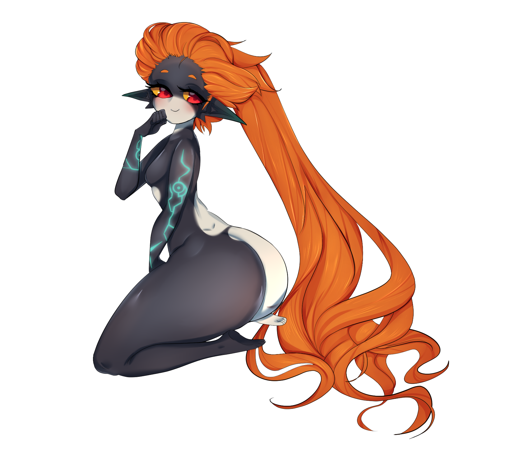 sae illust, midna, nintendo, the legend of zelda, the legend of zelda: twilight princess, commentary, english commentary, highres, 1girl, 2019, animification, arm at side, arm tattoo, ass, bangs pinned back, barefoot, black skin, blue skin, blush, breasts, clenched hand, collarbone, colored sclera, colored skin, covered eyes, curvy, fang, fang out, feet, female focus, fingers to cheeks, hair spread out, half-closed eyes, helmet, helmet over eyes, huge ass, leg tattoo, long hair, looking at viewer, multicolored skin, navel, nude, orange hair, ponytail, red eyes, sitting, small breasts, smile, soles, solo, tattoo, thick thighs, thighs, transparent background, two-tone skin, very long hair, wide hips, yellow sclera, yokozuwari