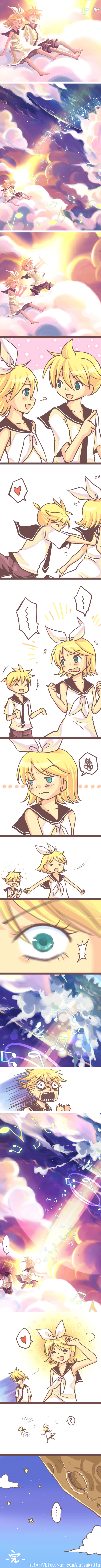jia, natsukijia, kagamine len, kagamine rin, vocaloid, beam, absurdres, bad id, bad pixiv id, highres, long image, tall image, 1boy, 1girl, ?, aqua eyes, beamed quavers, blonde hair, blush, brother and sister, cloud, embarrassed, hair ribbon, heart, music, musical note, musical staff, necktie, quaver, ribbon, short hair, shorts, siblings, sky, smile, twins