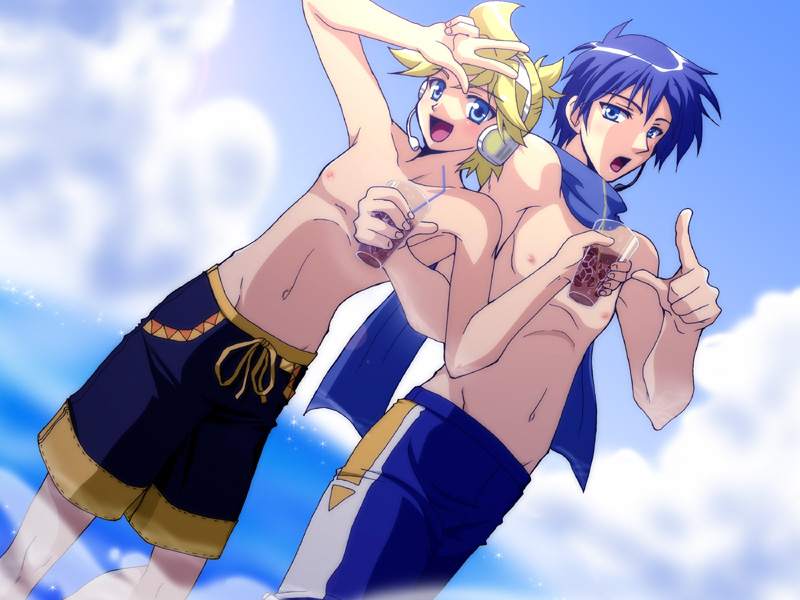 aida ayako, kagamine len, kaito (vocaloid), project diva, project diva (series), vocaloid, bad id, bad pixiv id, 2boys, blonde hair, blue scarf, cloud, day, glass, headphones, headset, male focus, multiple boys, scarf, short hair, sky, v