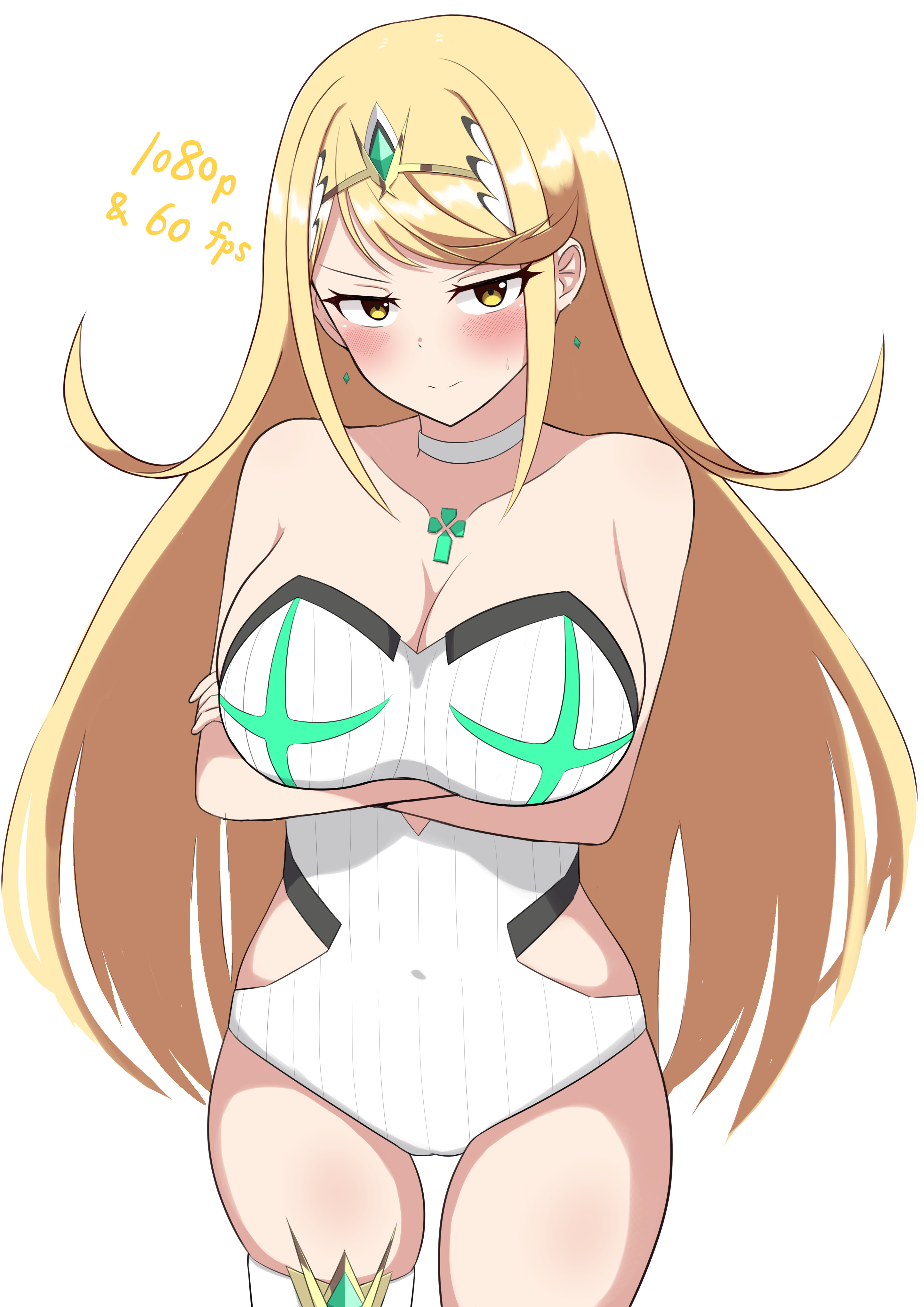 hello pty, mythra (radiant beach) (xenoblade), mythra (xenoblade), xenoblade chronicles (series), xenoblade chronicles 2, absurdres, highres, 1girl, arms under breasts, blonde hair, blush, breasts, choker, closed mouth, core crystal (xenoblade), crossed arms, earrings, jewelry, large breasts, long hair, looking at viewer, one-piece swimsuit, smile, solo, swept bangs, swimsuit, thigh strap, white background, white choker, white one-piece swimsuit