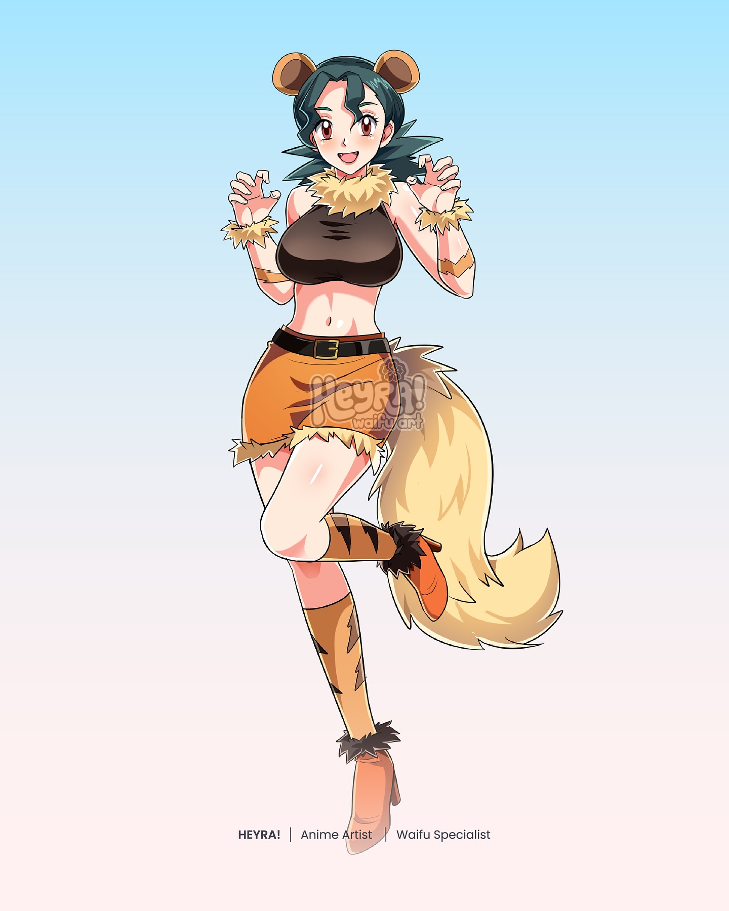 jenny (pokemon), nintendo, pokemon, pokemon (anime), pokemon (classic anime), commentary, commission, english commentary, highres, 1girl, alternate breast size (larger), animal ears, artist name, belt, black belt, breasts, claw pose, fur trim, green hair, heyreza.art, high heels, kemonomimi mode, kneehighs, large breasts, miniskirt, multiple tails, open mouth, orange shoes, orange skirt, orange socks, red eyes, shoes, skirt, smile, socks, solo, standing, standing on one leg, tail, watermark, wrist cuffs