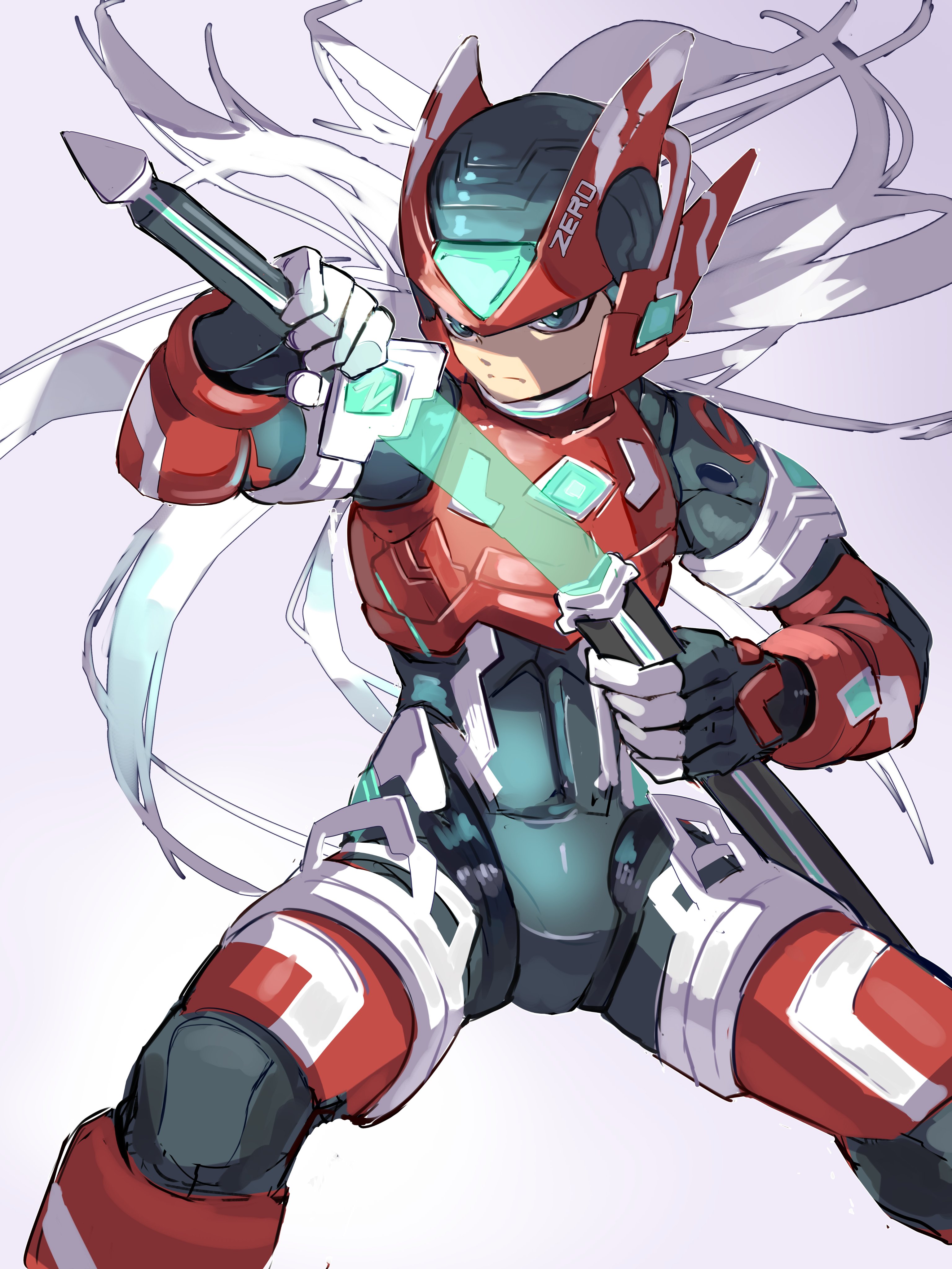 omochi (mochi skymega), zero (mega man), mega man (series), mega man zero (series), absurdres, chinese commentary, commentary request, highres, 1boy, alternate hair color, armor, blue armor, blue eyes, blue helmet, character name, closed mouth, energy sword, english text, feet out of frame, floating hair, floating scarf, gradient background, green sword, grey background, helmet, holding, holding sheath, holding sword, holding weapon, legs apart, light frown, long hair, messy hair, red armor, red helmet, robot boy, scabbard, scarf, sheath, sidelighting, simple background, sitting, solo, split mouth, sword, very long hair, weapon, white background, white hair, white scarf