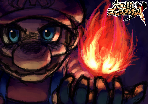 raku, mario, mario (series), nintendo, super smash bros., lowres, 1boy, blue eyes, epic, facial hair, fire, hat, male focus, mustache, overalls, solo