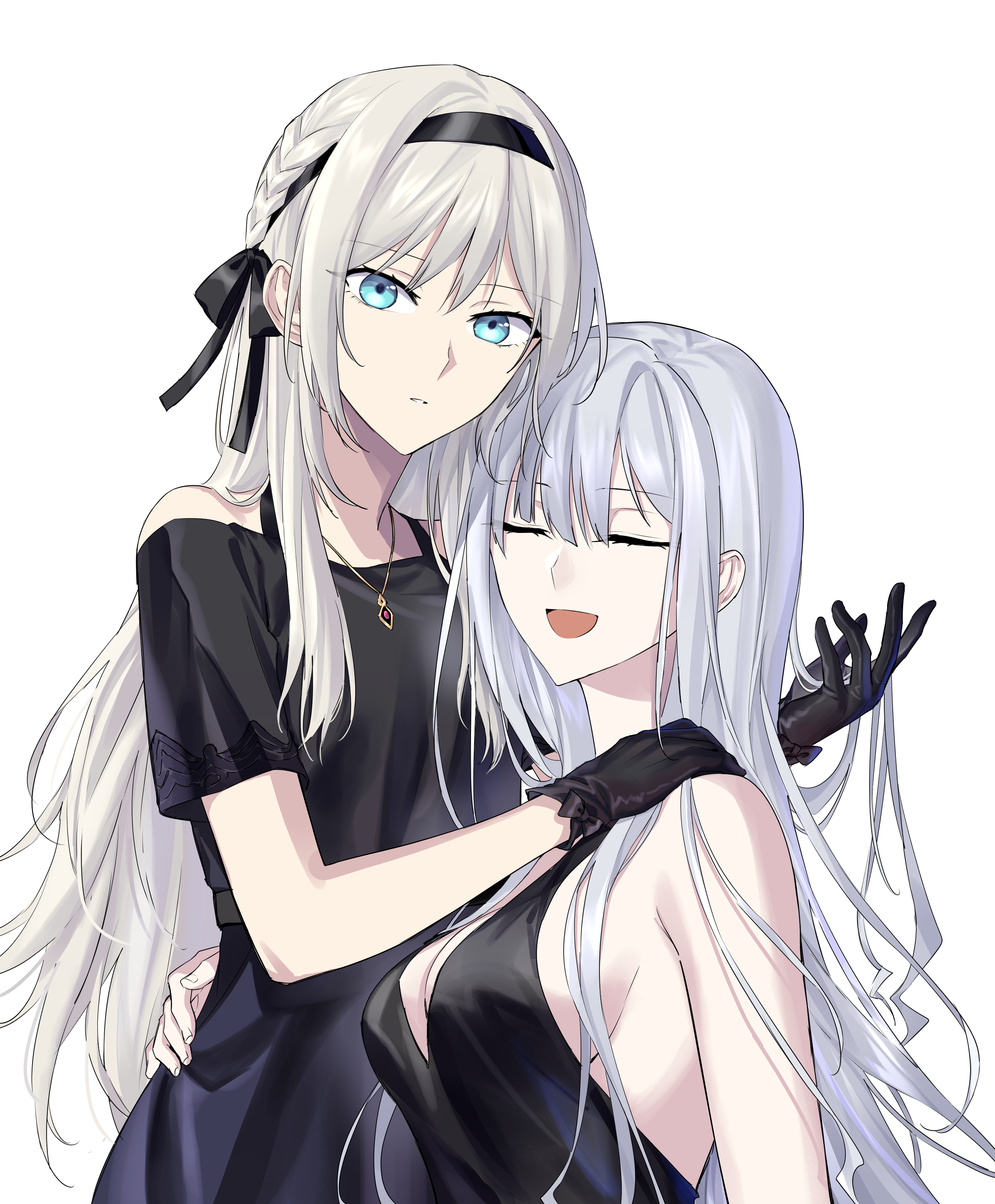 suprii, ak-12 (girls' frontline), an-94 (girls' frontline), an-94 (silent rouge) (girls' frontline), girls' frontline, absurdres, highres, 2girls, alternate costume, aqua eyes, bare shoulders, black dress, black gloves, black hairband, blonde hair, braid, breasts, closed eyes, closed mouth, dress, gloves, grey hair, hair ribbon, hairband, hand in own hair, hand on another's shoulder, hand on another's waist, jewelry, long hair, looking at viewer, medium breasts, multiple girls, necklace, official alternate costume, open mouth, ribbon, short sleeves, sideboob, sidelocks, small breasts, smile, strapless, strapless dress, upper body, white background, white hair