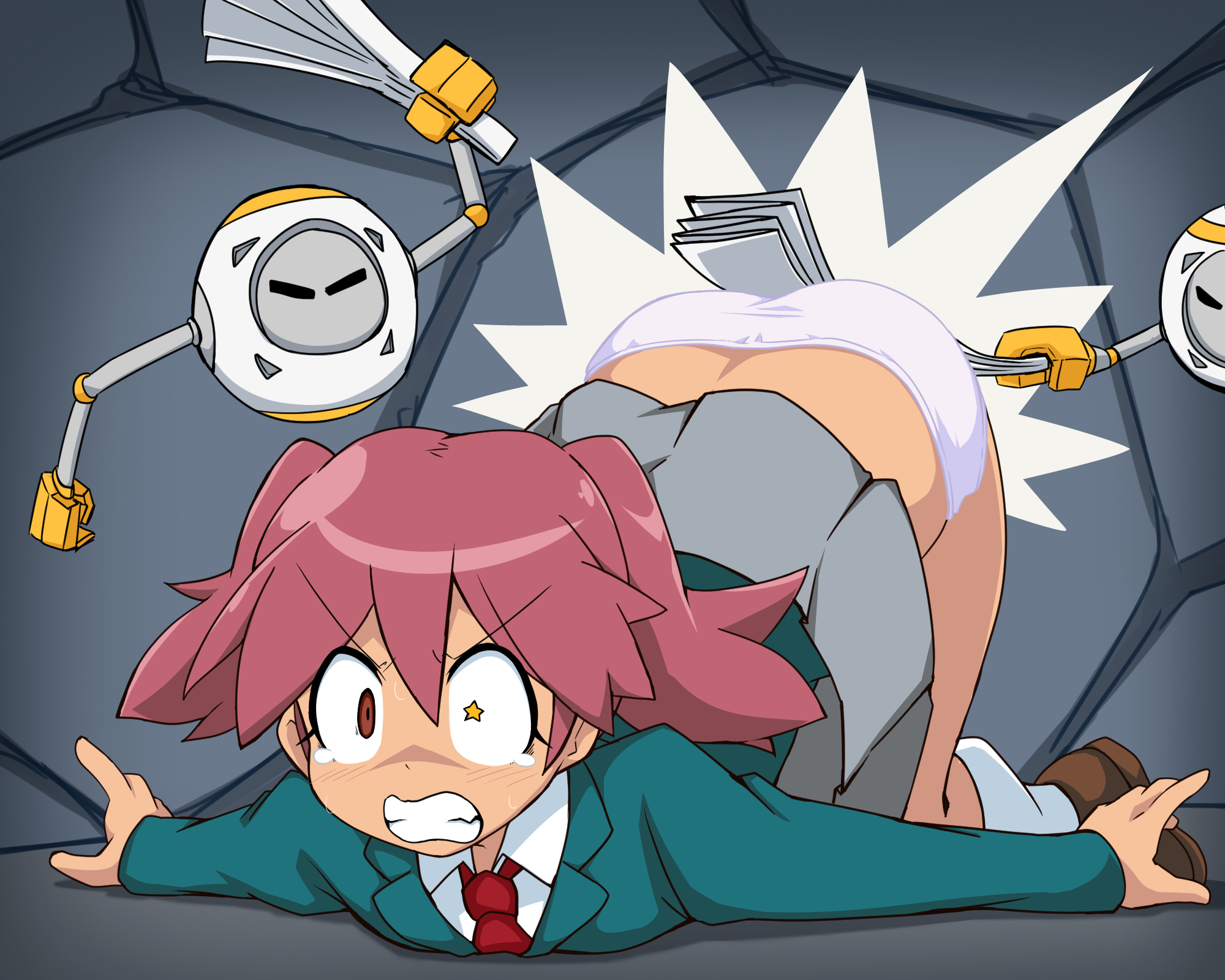 azi hune, hinata natsumi, keroro gunsou, highres, all fours, ass, flashing, panties, pantyshot, spanking, spanking self, underwear
