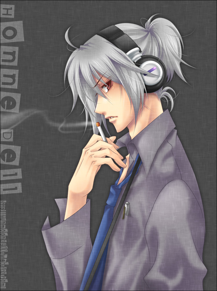 honne dell, vocaloid, silver hair, 1boy, cigarette, headphones, male focus, necktie, ponytail, red eyes, short hair, smoking, solo