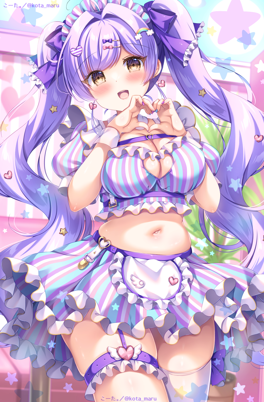 kouta., original, commentary request, highres, 1girl, :d, apron, blush, bow, breasts, brown eyes, cleavage, cleavage cutout, clothing cutout, crop top, frilled apron, frilled bow, frilled skirt, frills, hair bow, hair intakes, hair ornament, hairclip, hands up, heart, heart cutout, heart hair ornament, heart hands, long hair, looking at viewer, medium breasts, midriff, nail polish, navel, open mouth, pink bow, puffy short sleeves, puffy sleeves, purple bow, purple hair, rainbow hair ornament, shirt, short sleeves, single thighhigh, skindentation, skirt, smile, solo, star (symbol), star hair ornament, striped clothes, striped shirt, striped skirt, thighhighs, twintails, twitter username, vertical-striped clothes, vertical-striped shirt, vertical-striped skirt, very long hair, waist apron, white apron, white thighhighs