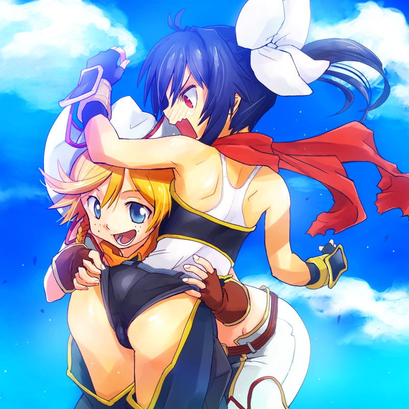 anshinmama, sum, remuria, yuuyami no mikazuki, shinrabanshou, 2girls, angry, ass, blonde hair, blue eyes, blue hair, blush, braid, bullying, chaps, cloud, cowboy hat, cowboy western, day, embarrassed, fingerless gloves, freckles, gloves, hat, multiple girls, open mouth, ponytail, red eyes, scarf, short hair, short shorts, shorts, shouting, sky, surprised, wavy mouth