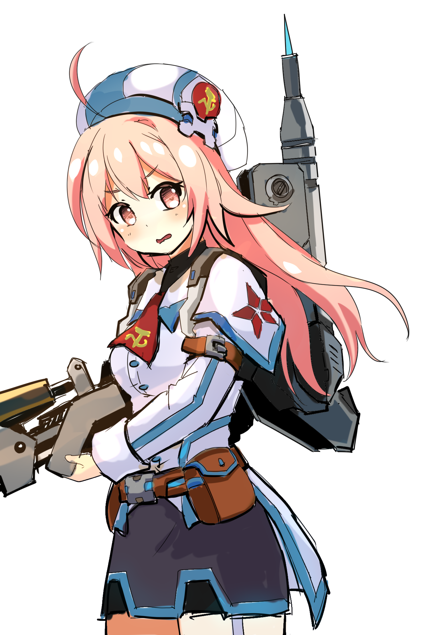 tsiruot, laika volkova, cosmic break, highres, 1girl, ahoge, belt, belt pouch, breasts, gun, hammer and sickle, hat, long hair, looking at viewer, machine gun, open mouth, pink eyes, pink hair, pouch, radio antenna, red star, skirt, small breasts, soldier, star (symbol), utility belt, weapon