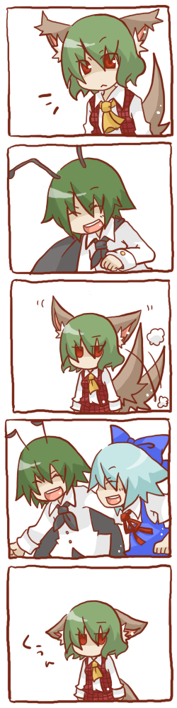 gurageida, cirno, kazami yuuka, wriggle nightbug, touhou, long image, tall image, 5koma, animal ears, antennae, ascot, closed eyes, comic, dog ears, green hair, lonely, plaid clothes, plaid skirt, plaid vest, red eyes, short hair, silent comic, skirt, skirt set, tail, tail wagging, vest