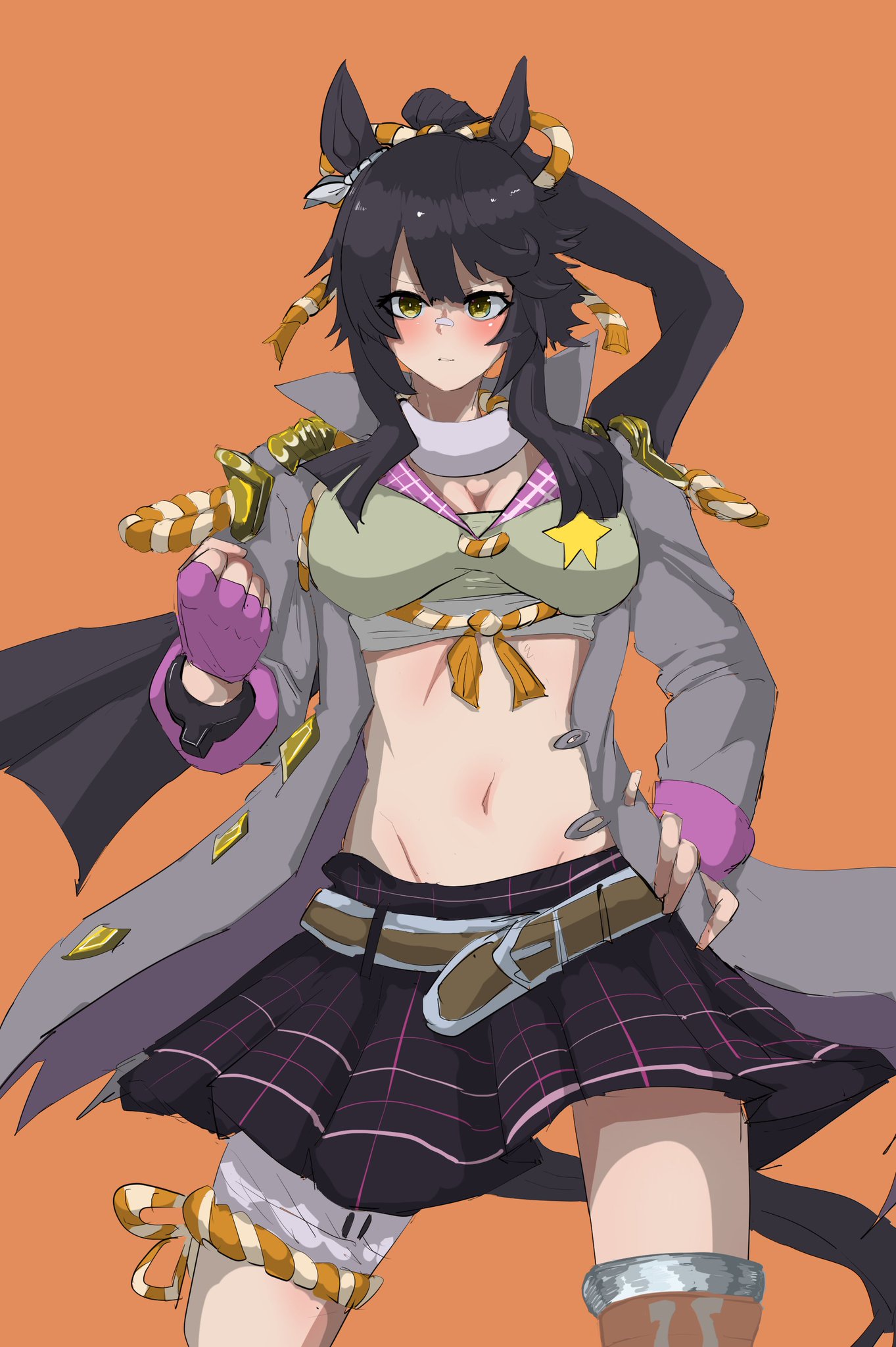 narita brian (maverick) (umamusume), narita brian (umamusume), umamusume, commentary request, highres, 1girl, bandage on nose, belt, black gloves, black skirt, blush, breasts, brown belt, chest sarashi, closed mouth, ear ornament, fingerless gloves, gloves, grey jacket, hand on own hip, horse girl, horse tail, jacket, large breasts, long hair, looking at viewer, midriff, miniskirt, navel, open clothes, open jacket, orange background, pleated skirt, ponytail, rope, sarashi, shimenawa, simple background, skirt, smile, solo, tail, veth free