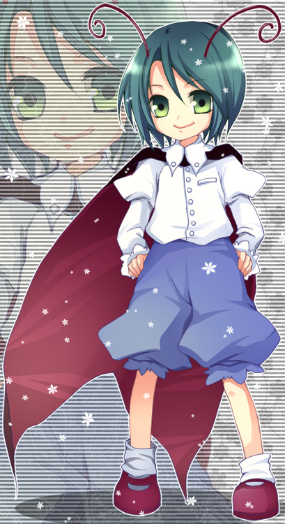 mikazuki sara, wriggle nightbug, touhou, bad id, bad pixiv id, 1girl, antennae, cape, female focus, full body, green eyes, green hair, matching hair/eyes, short hair, solo