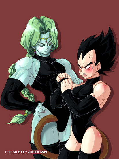 vegeta, zarbon, dragon ball, dragonball z, 2boys, blush, leather, leotard, male focus, multiple boys, wink, yaoi