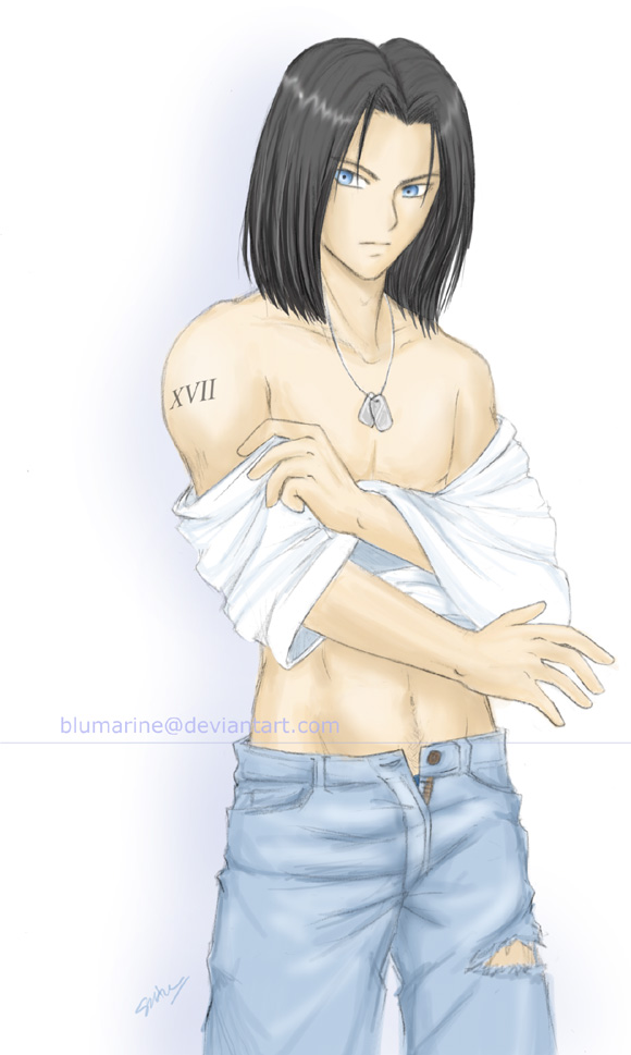 blumarine, android 17, dragon ball, dragonball z, black hair, blue eyes, denim, dog tags, jeans, pants, signature, solo, tattoo, torn clothes, torn jeans, torn pants
