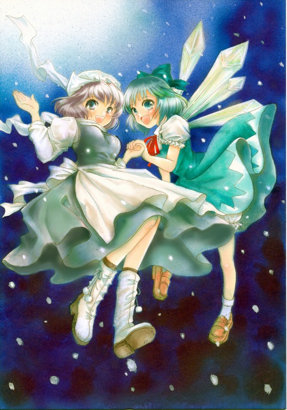 gintarou (puipuiginta), cirno, letty whiterock, touhou, light purple hair, bad id, bad pixiv id, traditional media, 2girls, blue eyes, blue hair, boots, hat, multiple girls, short hair, wings