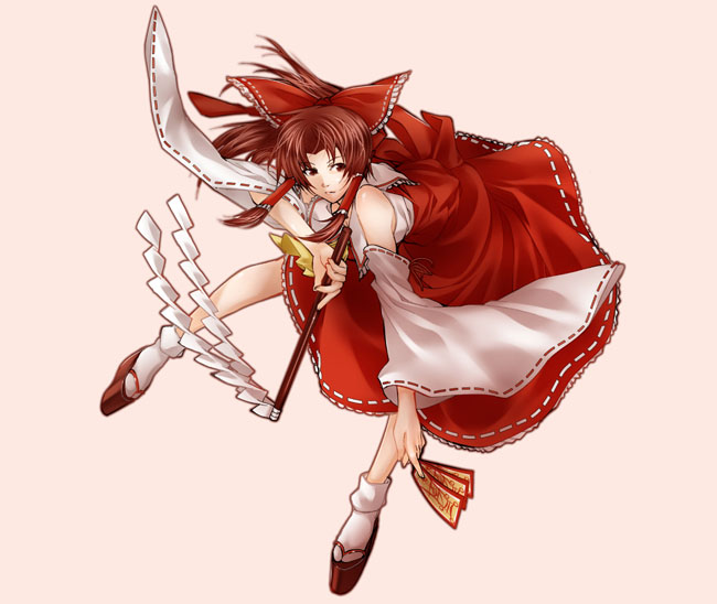 kiyoshi, sumi (joker), hakurei reimu, touhou, 1girl, bow, brown hair, clog sandals, detached sleeves, female focus, gohei, hair bow, japanese clothes, miko, ofuda, red eyes, short hair, simple background, solo