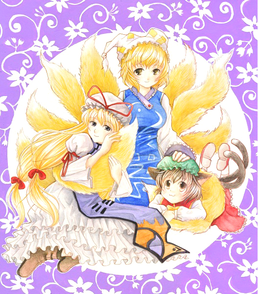 gintarou (puipuiginta), chen, yakumo ran, yakumo yukari, touhou, acrylic paint (medium), bad id, bad pixiv id, painting (medium), traditional media, watercolor (medium), 3girls, :3, animal ears, animal hat, blonde hair, boots, brown eyes, brown hair, cat ears, cat girl, cat tail, female focus, fox tail, grey eyes, hair ribbon, hat, hat ribbon, long hair, long sleeves, mob cap, multiple girls, multiple tails, ribbon, shoes, short hair, socks, tail, tassel, wide sleeves, yellow eyes