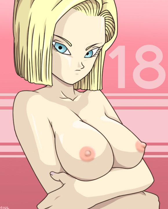 android 18, dragon ball, dragonball z, artist request, blonde hair, blue eyes, breasts, crossed arms, nipples, nude, short hair
