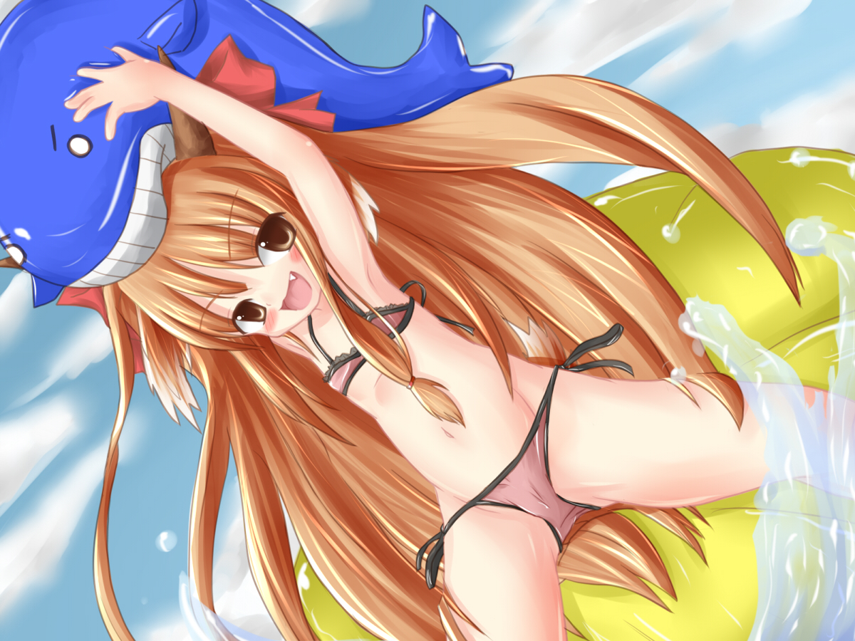i3, icubism, ibuki suika, touhou, bad id, bad pixiv id, 1girl, armpits, arms up, bikini, brown eyes, brown hair, cameltoe, fang, female focus, flat chest, horns, loli, long hair, navel, side-tie bikini bottom, solo, swimsuit, very long hair, water, whale