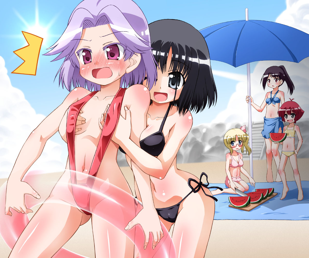hino hino, kajiki yumi, kanbara satomi, kujiki yumi, senoo kaori, touyoko momoko, tsuyama mutsuki, saki (manga), 00s, 5girls, ^^^, beach, beach umbrella, bikini, blush, breasts, cameltoe, cloud, day, female focus, food, fruit, glasses, grabbing another's breast, groping, innertube, medium breasts, multiple girls, one eye closed, outdoors, senoh kaori, side-tie bikini bottom, slingshot swimsuit, small breasts, swim ring, swimsuit, umbrella, watermelon, wink, yuri