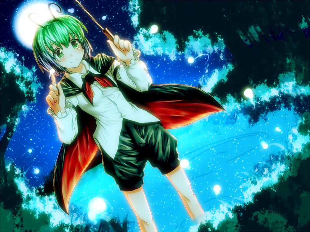 irusu, wriggle nightbug, touhou, 1girl, antennae, bug, cape, female focus, fireflies, firefly, green eyes, green hair, matching hair/eyes, moon, night, short hair, solo, wading, water