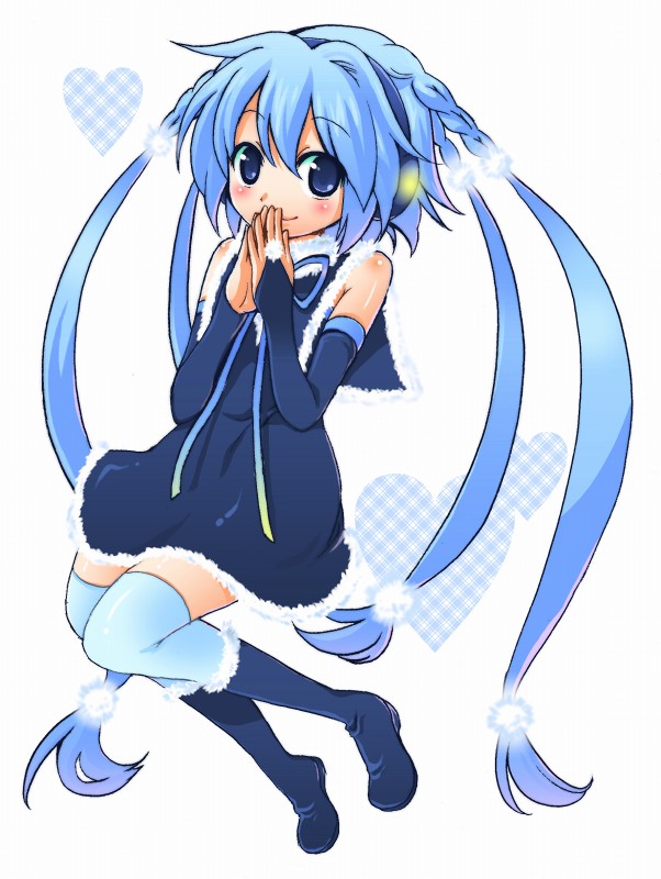 sate hatena, sateh, fuyune sana, utau, vocaloid, 1girl, blue eyes, blue hair, boots, braid, elbow gloves, female focus, fingerless gloves, gloves, headphones, heart, long hair, matching hair/eyes, quad tails, ribbon, solo, thighhighs, zettai ryouiki