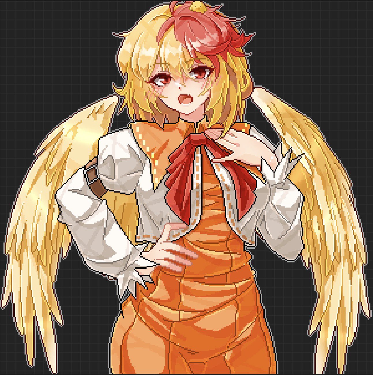 eaglov, niwatari kutaka, touhou, commentary, highres, symbol-only commentary, 1girl, animal, animal on head, arm belt, baby animal, bird, bird on head, bird tail, bird wings, blonde hair, chick, chicken, dress, feathered wings, grey background, grid background, hair between eyes, hand on own hip, long sleeves, looking at viewer, multicolored hair, neck ribbon, on head, open mouth, orange dress, pixel art, red eyes, red hair, ribbon, ribbon trim, shirt, short hair, solo, standing, tail, two-tone hair, upper body, white shirt, wings, yellow wings